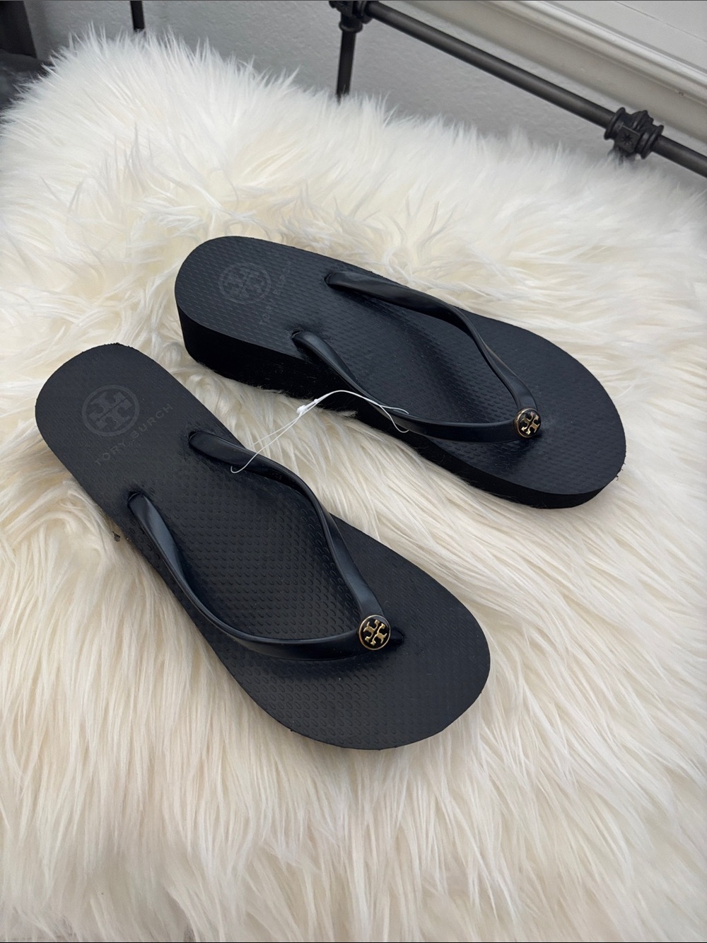 Tory Burch Black Logo Wedge Flip Flop Sandals